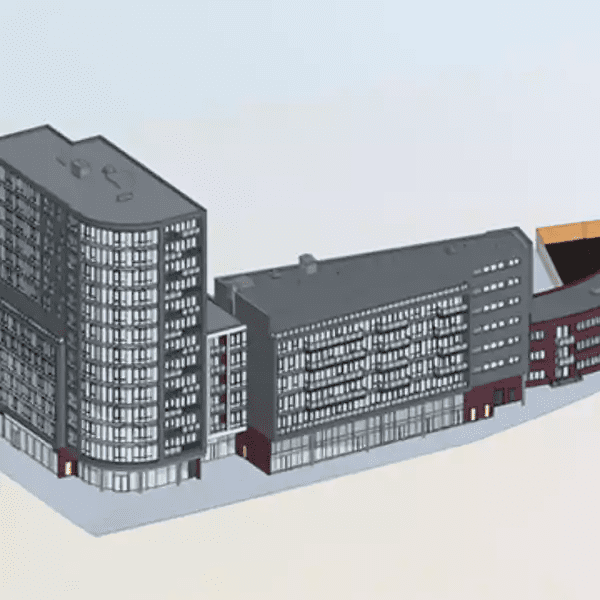 Detailed 3D building design with a sizable window. 2D and 3D model example.